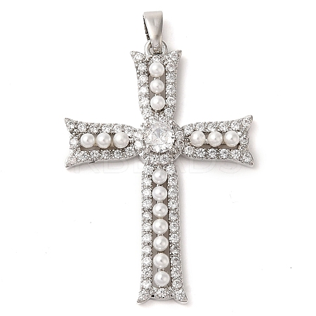 Rack Plating Brass Micro Pave Cubic Zirconia Pendants and ABS Imitation Pearl KK-H476-04P-RS-1