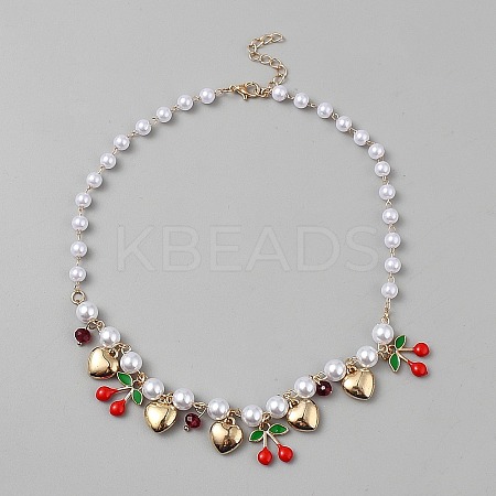 ABS Imitation Pearl Round Beaded Alloy Heart Red Cherry Bib Necklaces for Women NJEW-WH0023-76-1