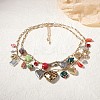 Zinc Alloy & Porcelain & Glass & CCB Plastic Flower Heart Lock Pendant Double Layer Bib Necklaces FS-WGC767F-01-1