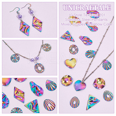 20Pcs 10 Style Textured 201 Stainless Steel Pendants STAS-UN0047-26MC-1