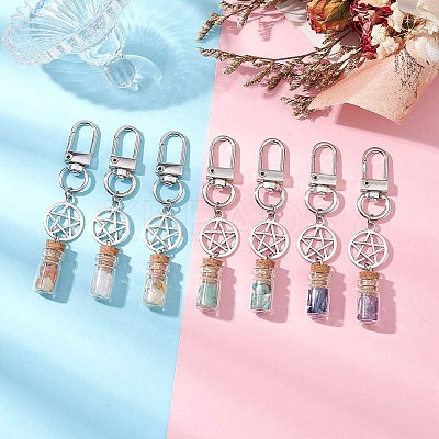 7 Chakra Natural Lapis Lazuli & Amazonite & Amethyst & Citrine & Green Aventurine & Rose Quartz & Red Aventurine Chips inside Glass Wishing Bottles Pendant Decorations HJEW-JM03152-1