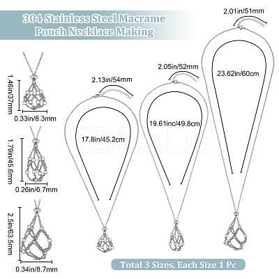 3Pcs 3 Styles 304 Stainless Steel Macrame Pouch Necklace Making for Gemstone Nuggets NJEW-BBC0001-24-1