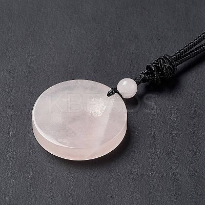 Natural Rose Quartz Flat Round with Tree of Life Pendant Necklace with Nylon Cord for Women NJEW-P274-03-06-1