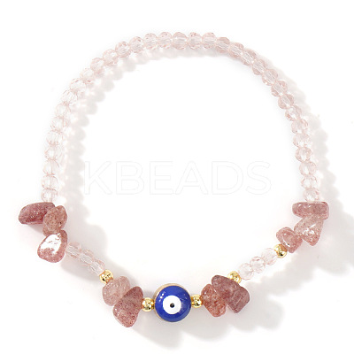 Natural Strawberry Quartz Chip & Brass Evil Eye & Glass Beaded Stretch Bracelets for Daily Wear PI9480-8-1