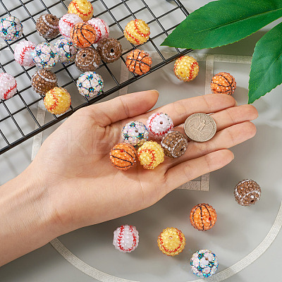 30Pcs 5 Style Basketball & Football & Baseball Pattern Resin Rhinestone Beads RESI-TA0001-77-1