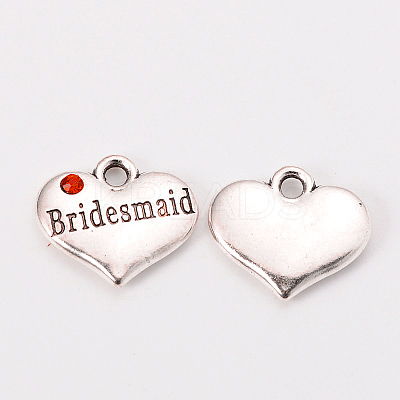Wedding Theme Antique Silver Tone Tibetan Style Heart with Bridesmaid Rhinestone Charms TIBEP-N005-04B-1