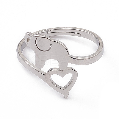 Non-Tarnish 201 Stainless Steel Elephant with Heart Adjustable Ring for Women RJEW-K238-07P-1