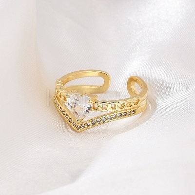 Rack Plating Brass Micro Pave Clear Cubic Zirconia Open Cuff Finger Rings for Women RJEW-M028-97G-1