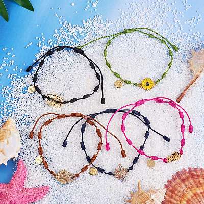 Natural Shell & Flower & Pinapple & Shell & Bee Link Bracelets Set BJEW-SW00029-1