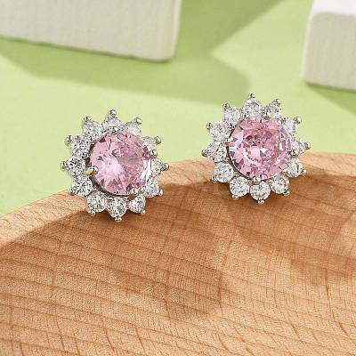 Flower Brass Micro Pave Clear Cubic Zirconia Stud Earrings for Women EJEW-G428-17P-1