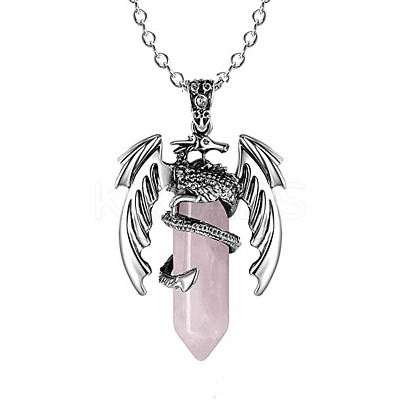 Natural Rose Quartz Bullet with Dragon Pendant Necklace with Zinc Alloy Chains PW-WG99720-05-1
