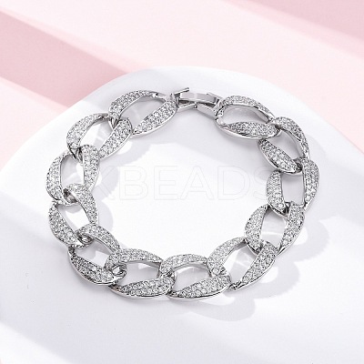Brass Micro Pave Clear Cubic Zirconia Curb Chain Bracelets for Women BJEW-A034-04B-P-1
