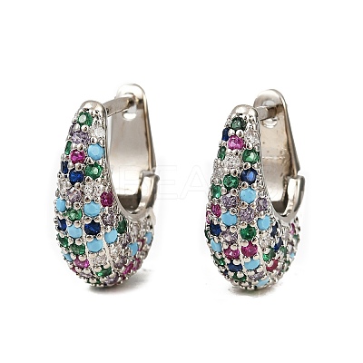 Oval Brass Micro Pave Colorful Cubic Zirconia Hoop Earrings EJEW-S277-10P-B-1