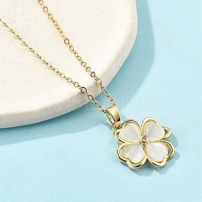 Brass Cubic Zirconia Glass Cat Eye Clover Pendant Neckalces for Women NJEW-S448-07G-1