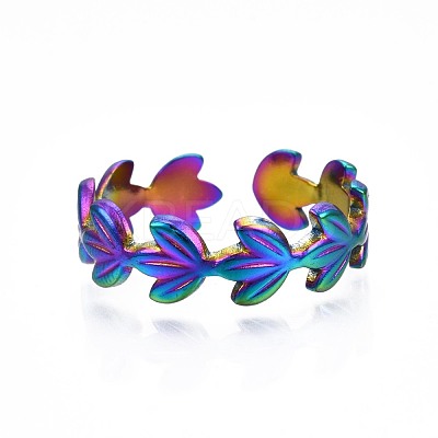 304 Stainless Steel Leaf Wrapped Cuff Ring RJEW-N038-062-1