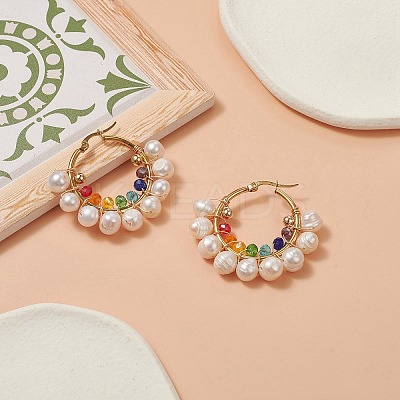 Glass & Natural Pearl Beaded Hoop Earrings EJEW-JE05234-1