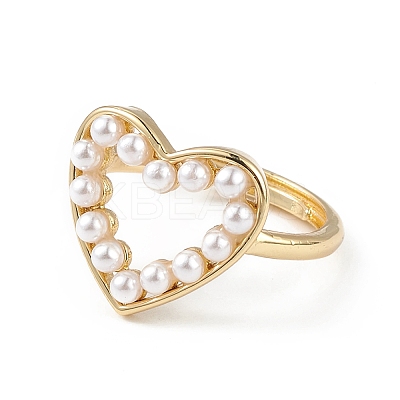 Plastic Pearl Hollow Out Heart Adjustable Ring RJEW-L100-012G-1