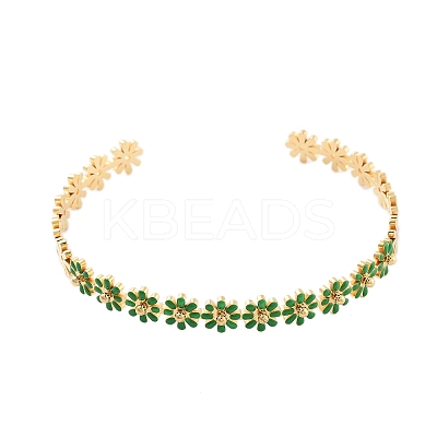 304 Stainless Steel Enamel Flower Open Cuff Bangles for Women BJEW-S152-01G-02-1