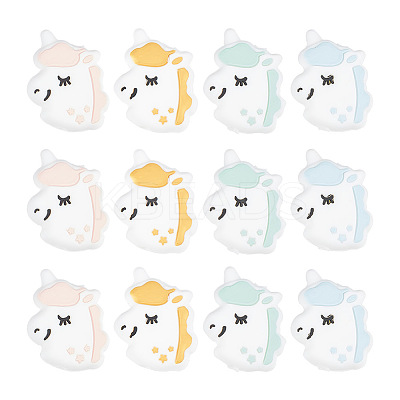 12Pcs 4 Colors Unicorn Silicone Focal Beads SIL-GO0001-26-1