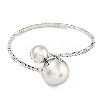 Rack Plating Brass Pave Clear Cubic Zirconia Round Ball Open Cuff Rings for Women BJEW-B110-04B-P-1