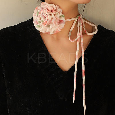 Flower Pattern Fabric Rose Tie Choker Necklaces for Women LS-NJEW-Z022-01F-1