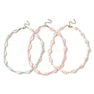 3Pcs 3 Colors Natural Cowrie Shell & Glass Seed Beaded Beaded Necklaces NJEW-JN05331-1
