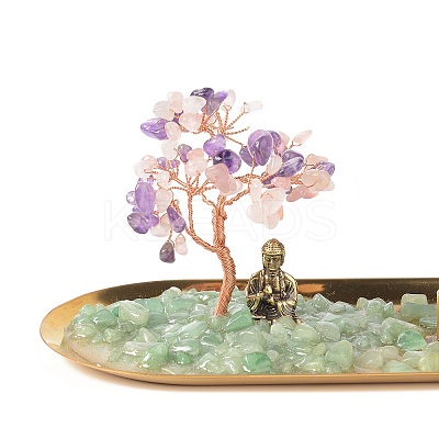 Natural Amethyst Money & Rose Quartz Tree Buddha Sculpture Set Incense Burner & Natural Green Aventurine on Trays for Wealth DJEW-G027-19RG-08-1