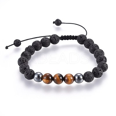 Natural Lava Rock and Non-Magnetic Synthetic Hematite Beads Braided Bead Bracelets X-BJEW-JB03975-25-1