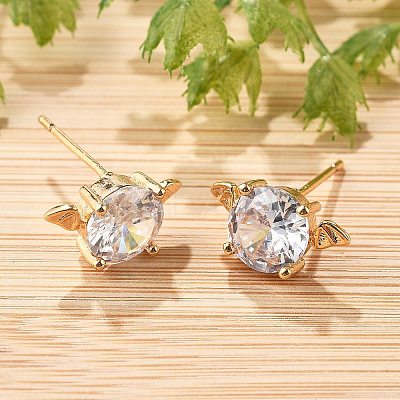 Bat Brass Micro Pave Clear Cubic Zirconia Stud Earrings for Women EJEW-G428-14G-1
