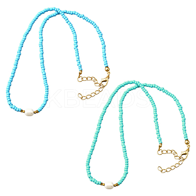2Pcs 2 Color Rice Natural Pearl & Glass Seed Beaded Necklaces for Women NJEW-GO0001-04A-1