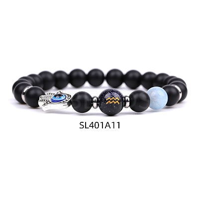 Natural Dyed & Heated Black Agate & Aquamarine Stretch Bracelets PW-WG62314-11-1