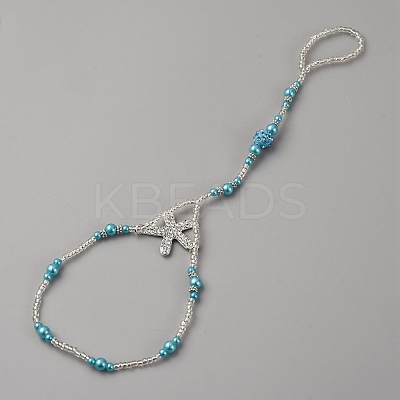 Bohemian Alloy Starfish Charm Glass Seed Beads and Plastic Imitation Pearl Beaded Toe Ring Stretch Anklets for Women AJEW-WH0270-833-1