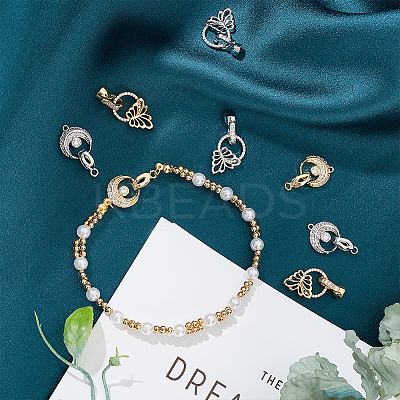 8Pcs 4 Styles Flat Round & Butterfly Brass Clear Cubic Zirconia Fold Over Clasps KK-DC0001-64-1