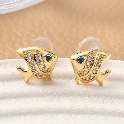 Brass Micro Pave Cubic Zirconia Fish Stud Earrings EJEW-D337-01G-1