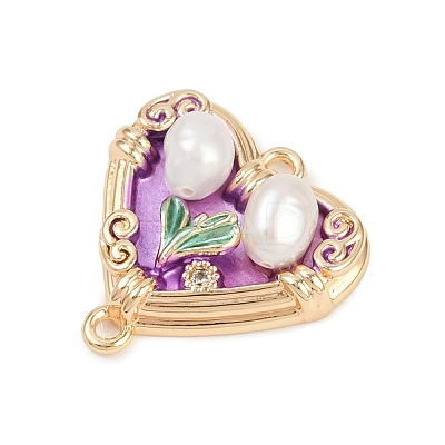 Brass Enamel & Natural Pearl Heart with Flower Connector Charms KK-K351-52G-02-1