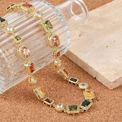 Brass Colorful Cubic Zirconia Cup Chain Oval & Rectangle Necklaces for Women NJEW-M079-05G-1