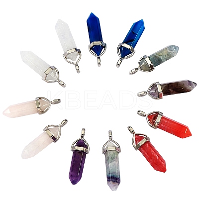 12Pcs 6 Style Natural & Synthetic Gemstone Double Terminated Pointed Pendants G-SZ0001-83-1