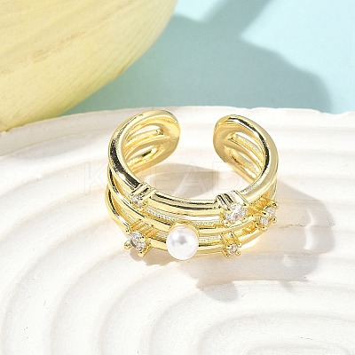 Brass Micro Pave Cubic Zirconia ABS Imitation Pearl Cuff Rings RJEW-D307-02G-B-1