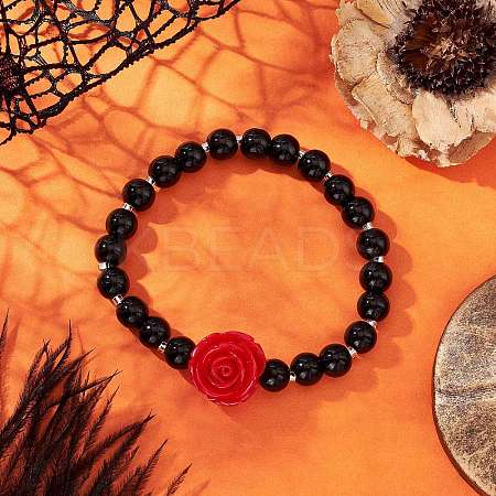 Halloween Theme Baking Paint Glass Round Beads Stretch Bracelets for Women BJEW-MZ00186-01-1
