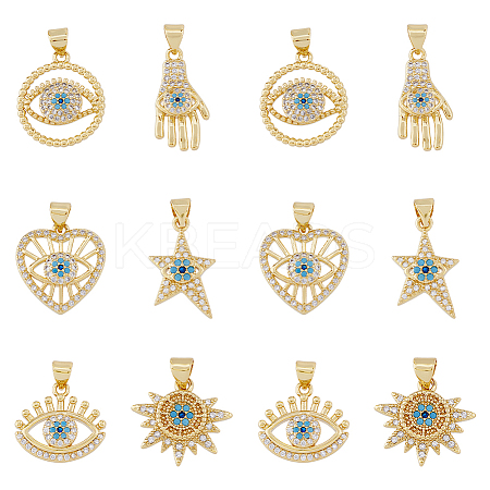 12Pcs 6 Styles Brass Micro Pave Cubic Zirconia Pendants ZIRC-DC0001-28-1