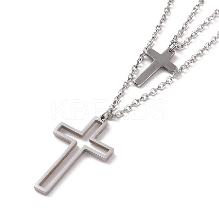 Non-Tarnish 304 Stainless Steel Hollow Out Cross Pendant Double Layer Necklace with Cable Chains for Men Women LS-NJEW-E088-01P-1