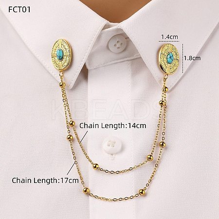 304 Stainless Steel Pave Dyed Synthetic Turquoise Hanging Chain Brooch JEWB-S021-04G-05-1