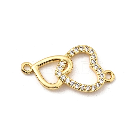 Brass Micro Pave Clear Cubic Zirconia Double Heart Connector Charms KK-I360-013G-02-1