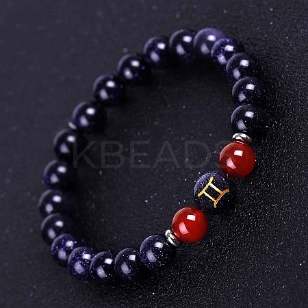 Gemini Round Synthetic Blue Goldstone & Natural Carnelian Stretch Bracelets for Women Men EA3132-2-1