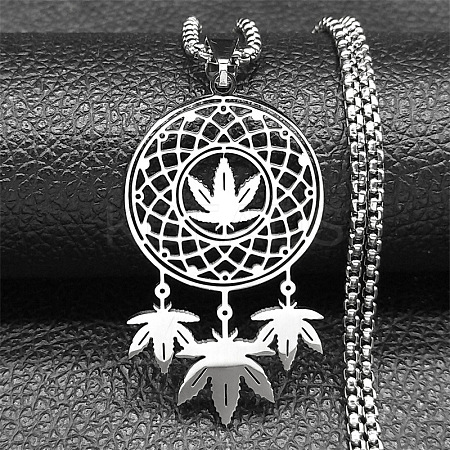 201 Stainless Steel Woven Web/Net with Leaf Pendant Necklaces LS-NJEW-K283-07P-1