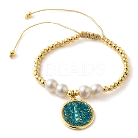 Adjustable Flat Round with Holy Virgin Charms Bracelet LS-BJEW-Z073-01G-01-1