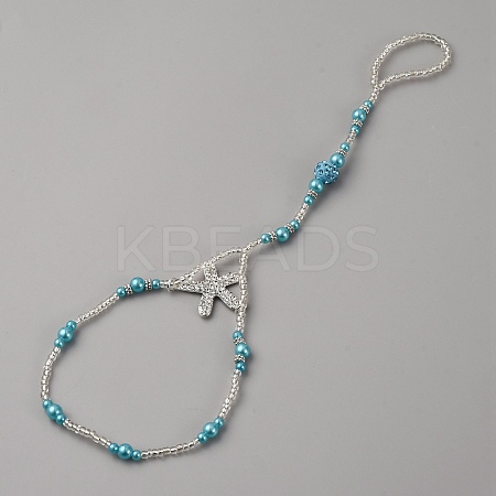 Bohemian Alloy Starfish Charm Glass Seed Beads and Plastic Imitation Pearl Beaded Toe Ring Stretch Anklets for Women AJEW-WH0270-833-1