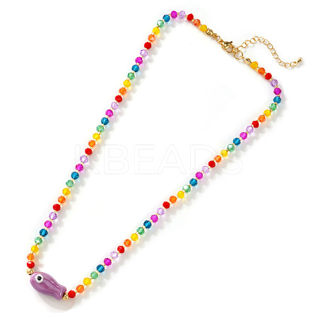 Porcelain Fish Pendant Rainbow Color Glass Beaded Necklaces for Friends and Couples LS-KF3974-3-1