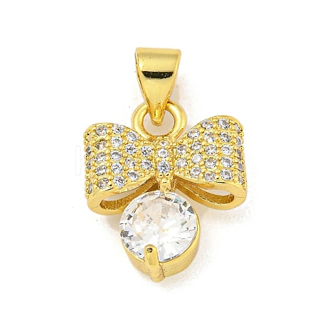 Bowknot Rack Plating Brass Clear Cubic Zirconia Pendants KK-Z053-14G-05-1