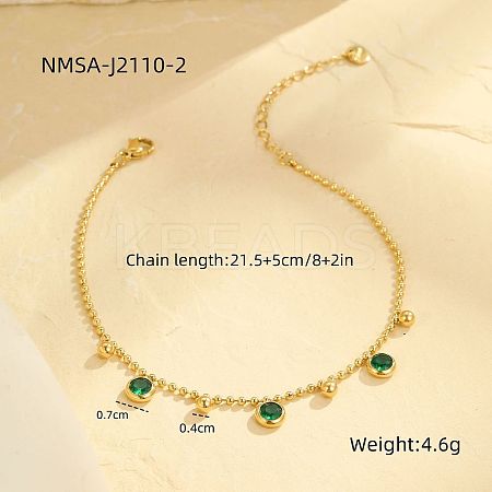304 Stainless Steel Pave Cubic Zirconia Flat Round Charm Anklets FS-WG00298-01-1